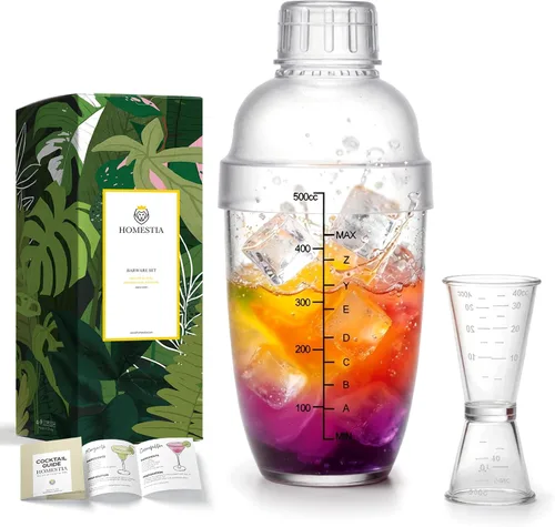 Homestia Juego de coctelera de plástico transparente, mezclador de bebidas de 17 onzas con colador integrado, doble jigger, libro de recetas, kit de