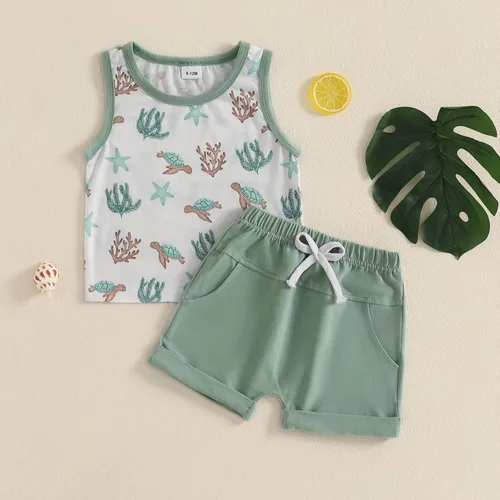 Miniatura 50 de Ropa de bebé niño sin mangas + pantalones cortos con estampado a rayas con bolsillos, 2 piezas de trajes de verano