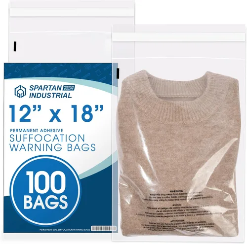 Spartan Industrial - Bolsas de polietileno transparente autosellantes de 12 x 18 pulgadas (100 unidades) con advertencia de asfixia para embalaje,