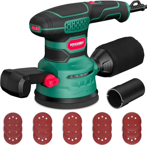 Lijadora Orbital 3.8Amp 450W, HYCHIKA 6 Velocidades Variables Doble Mango Lijadora de Palma Orbital Aleatoria Eléctrica, Lijadora Eléctrica de 5