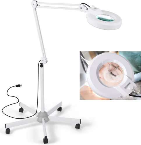 Lámpara de pie con aumento 10X con 5 ruedas base rodante para esteticistas – 2,200 lúmenes LED regulable luz con lupa, lupa iluminada para leer,