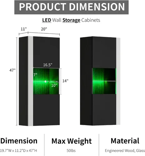 Miniatura 2 de AMERLIFE Armarios de almacenamiento de pared con luces LED, armarios colgantes modernos de alto brillo con 4 puertas cerradas y estantes de vidrio