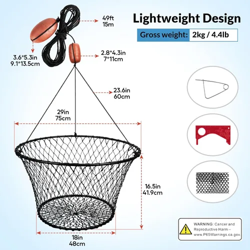 Miniatura 5 de QualyQualy Trampa para anillo de cangrejo de 30 pulgadas, redes de cangrejo resistentes de 4.4/9.5 libras, red de cangrejo para muelle de cangrejo