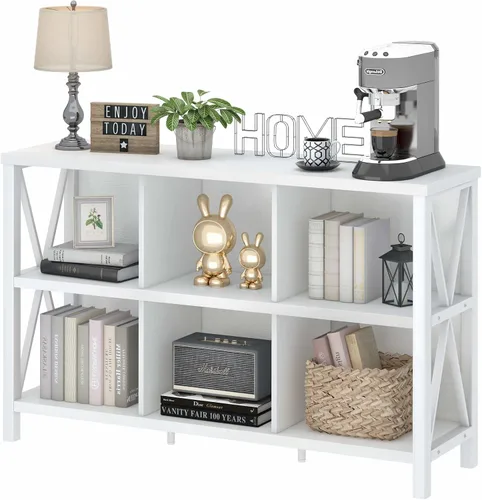 Miniatura 12 de FATORRI Organizador de almacenamiento de 6 cubos con estante, estantería horizontal corta para sala de estar, estantería de madera y metal, estante