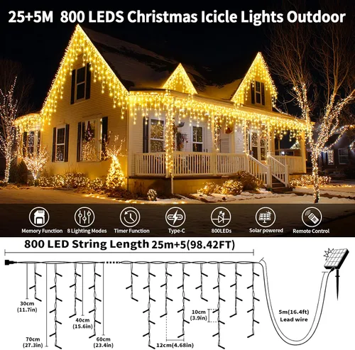 Miniatura 3 de Luces de carámbano solares para exteriores, 25+5M 800 luces de carámbano de Navidad, 8 modos, luces de cadena decorativas impermeables