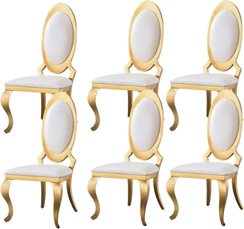 Miniatura 11 de Juego de 6 sillas de comedor modernas tapizadas de cuero con patas de acero inoxidable plateadas, sillas de cocina contemporáneas sin brazos
