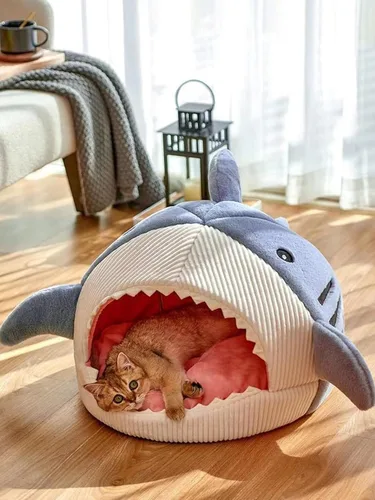 Miniatura 3 de QWINEE Cama para Gatos en Forma de Tiburón, Cama para Gatitos, Refugio, Casa Cálida, Suave, Cómoda, Semicerrada, Azul, Talla L
