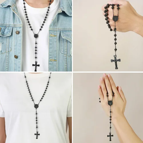 Miniatura 4 de VNOX Collar unisex de acero inoxidable largo con cuentas de rosario de Jesús, cruz católica, crucifijo católico, 36 pulgadas, Edelstahl, Piedra