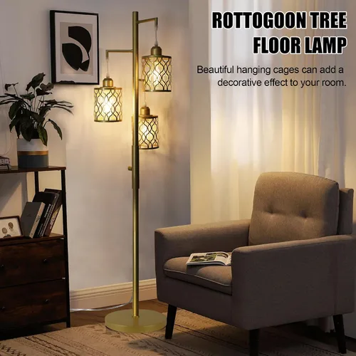 Miniatura 4 de ROTTOGOON - Lámpara de pie dorada de 68 pulgadas, industrial, regulable, alta, rústica, de 3 luces, con 3 bombillas E26 de 6 W, diseño de árbol