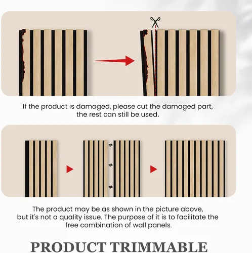 Miniatura 8 de Paquete de 4 paneles acústicos de pared de 105.9" x 12.6" x 0.8" que absorben sonido, paneles de pared de listones de madera para decoración de Teca