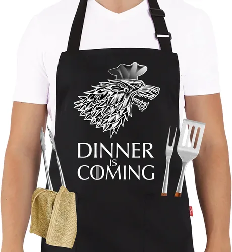 Delantales de parrilla para hombres y mujeres, La cena se acerca Delantal de chef de cocina con 2 bolsillos y lazos de 40 pulgadas de largo, Black14