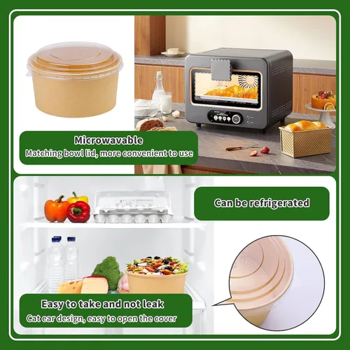 Miniatura 5 de Paquete de 50 recipientes de alimentos desechables de 33 onzas, cuencos redondos de papel kraft desechables con tapas para ensalada dietética