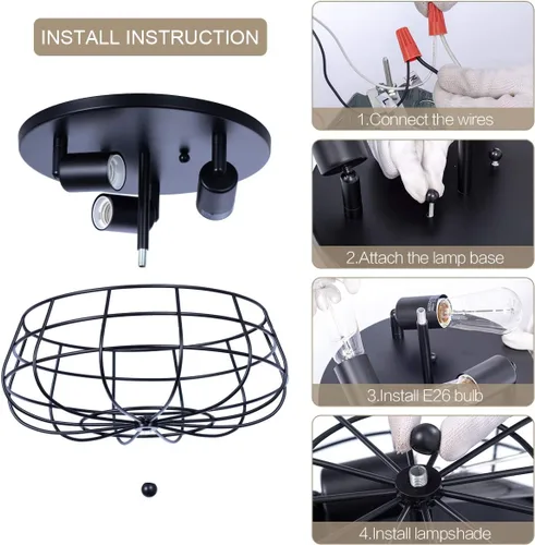 Miniatura 7 de VILUXY Lámpara de techo industrial negra semiempotrada de 3 luces rústicas con jaula de metal para cocina, sala de estar, comedor, dormitorio