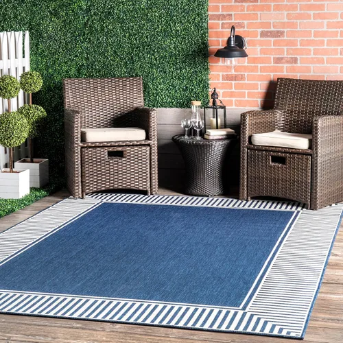 nuLOOM Tapete de área para exteriores, diseño informal con borde a rayas, resistente a las manchas, altamente duradero, para patio, balcón, Azul