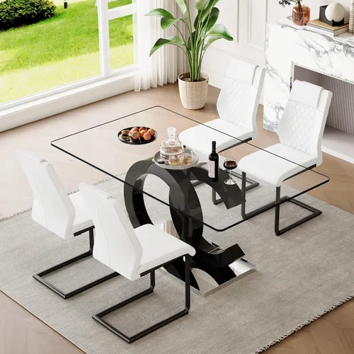 Miniatura 19 de gopop Mesa de comedor de cristal de 63 pulgadas, mesa de cocina moderna, mesa de comedor de vidrio transparente con patas de diseño único negro