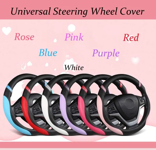 Miniatura 5 de Funda universal de cuero para volante para mujer, funda de volante para automóvil de 15 pulgadas (rosa)