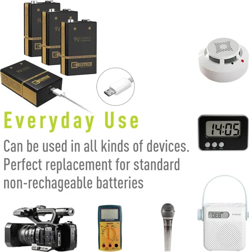 Miniatura 3 de EEMB Paquete de 4 baterías recargables de 9 V de iones de litio con cable de carga USB, batería de iones de litio 6F22 para alarma de humo, teclado