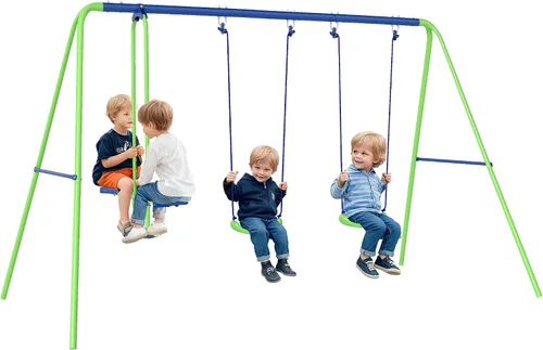 Outsunny Juego de columpios de metal con planeador, dos asientos S y altura ajustable, juego para niños resistente al aire libre con marco en A Verde