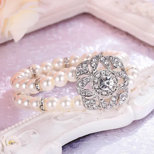 Miniatura 5 de BriLove Pulsera elástica vintage con halo de doble hilera de perlas de imitación de cristal para boda para mujer