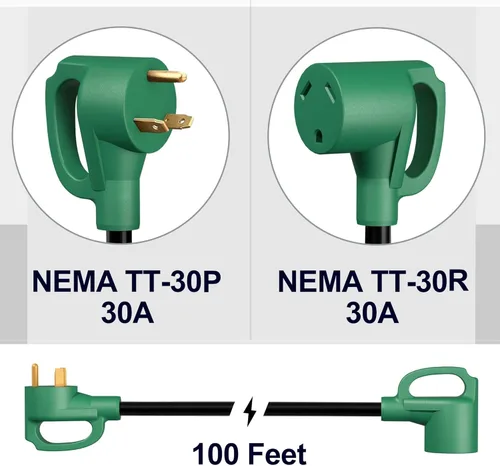 Miniatura 2 de Stright Cable de extensión de alimentación para RV de 100 pies 30 amperios, cable de extensión de alimentación para RV NEMA TT-30P macho a TT-30R