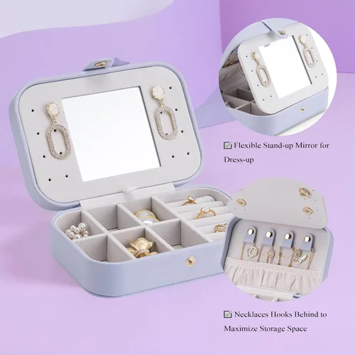 Miniatura 2 de Vlando Pequeño organizador de joyero de viaje Joyas espejadas, collares, anillos, aretes, collar, estuche de almacenamiento para niñas, mujeres