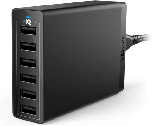 Anker Cargador, estación de carga USB de 60 W y 6 puertos, cargador PowerPort 6 Multi USB para iPhone 14/13 Series, iPad Pro/Air/Mini, Galaxy Negro