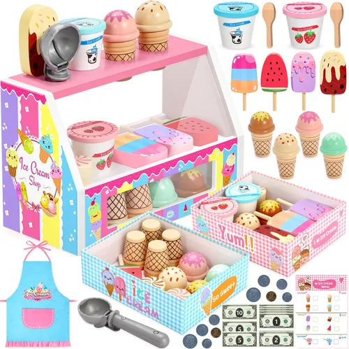 INNOCHEER Juguete de Helado, Set de Juego de Helado de Madera, Juguetes de Cocina de Juego de Simulación, Juguetes de Helado para Niños Pequeños,