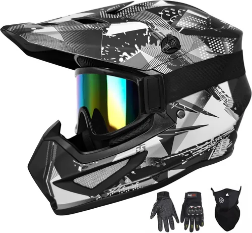 Miniatura 8 de Casco para jóvenes y niños de motocross, casco para adultos de ATV y bicicleta de tierra con gafas, guantes y máscara, casco de motocicleta de cara