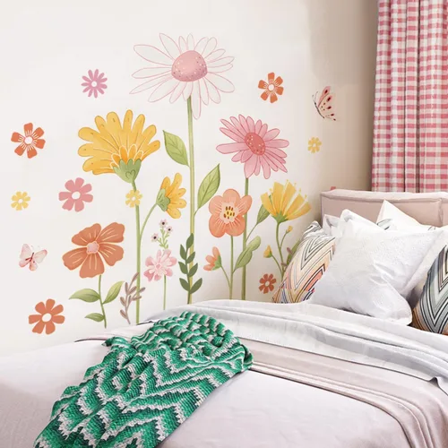 Miniatura 2 de Calcomanías de pared de flores bohemias, calcomanías de pared de margaritas y mariposas, PVC impermeable, autoadhesivas, arte floral, retro, se