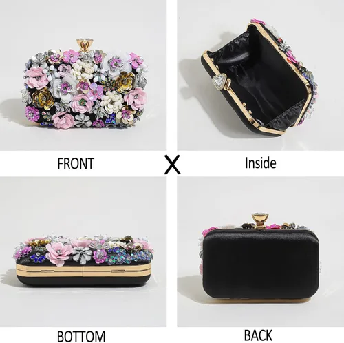 Miniatura 7 de Bolso de noche floral para mujer, bordado con cuentas, bolso de mano vintage con perlas, elegante bolso cruzado de hombro