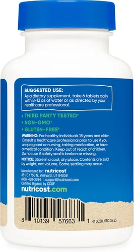 Miniatura 4 de Nutricost Espirulina orgánica + clorella (3,000 mg) 180 tabletas - USDA Organic, 1,500 mg de espirulina, 1,500 mg de clorella, vegano, sin OMG, sin