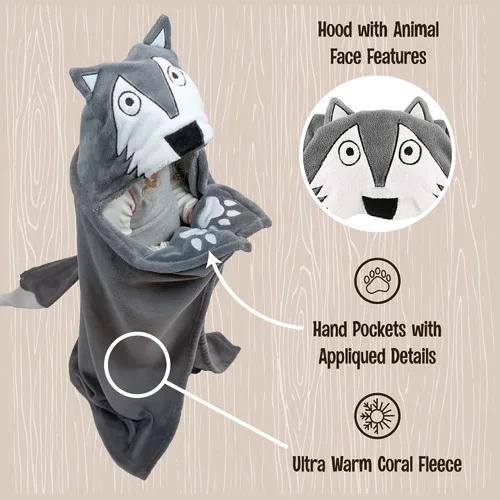 Miniatura 5 de Manta con capucha portátil Lazy One para niños, manta con capucha de animales (lobo)