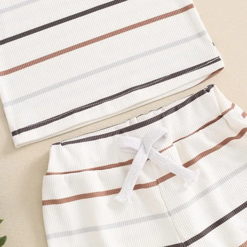 Miniatura 76 de Ropa de bebé niño sin mangas + pantalones cortos con estampado a rayas con bolsillos, 2 piezas de trajes de verano