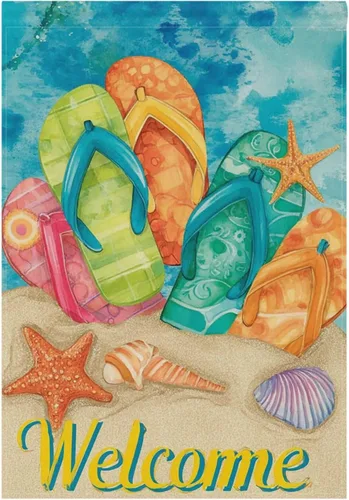 Bandera para casa con diseño de sandalias, 28 x 40 pulgadas, doble cara, diseño tropical de estrella de mar, conchas y arena, letrero de bienvenida