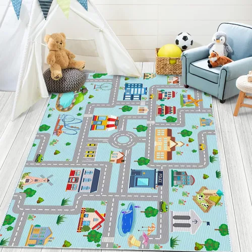 Miniatura 15 de Alfombra de coche para niños, 2 pies 7 pulgadas x 4 pies, alfombra de juego de tráfico urbano para autos de carreras y juguetes, divertida alfombra