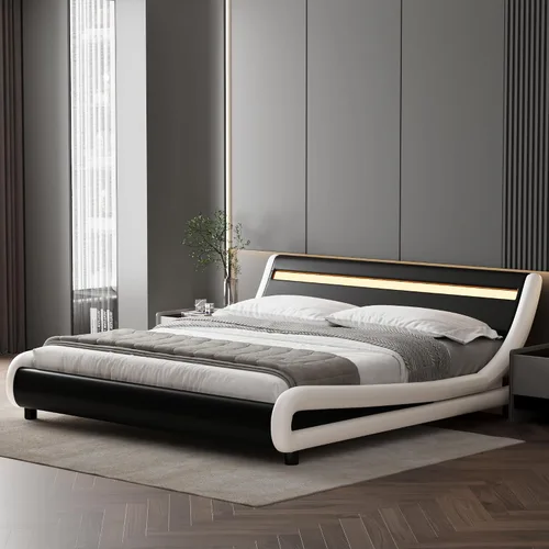 Miniatura 8 de TTVIEW Base de cama LED de perfil bajo de tamaño matrimonial con cabecera ajustable, moderna plataforma tapizada con soporte de listones de madera