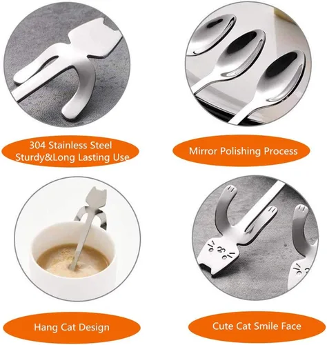 Miniatura 4 de Juego de 4 mini cucharas para gatos, de acero inoxidable 304, de acero inoxidable 304, cuchara colgante, vajilla, cubiertos, utensilios de cocina