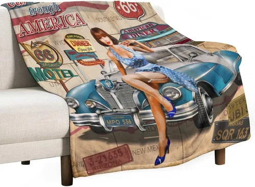 Miniatura 79 de Manta de motocicleta antigua, rústica y clásica, con temática de auto clásico, ruta de EE. UU., 66, patrón impreso, manta de franela súper suave