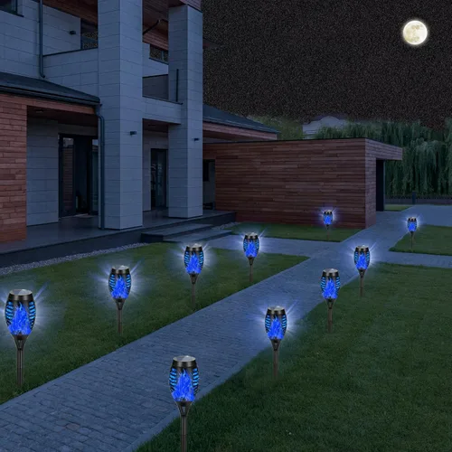 Miniatura 8 de Paquete de 4 antorchas solares impermeables para exteriores, llama parpadeante azul, luces solares de jardín para patio, antorchas Tiki