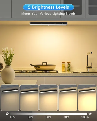 Miniatura 5 de Ferswe Luces de armario recargables, pantalla de nivel de batería, luces regulables, luz con sensor de movimiento de 3000 K para interiores, 60
