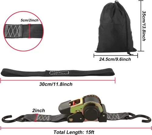 Miniatura 5 de Paquete de 2 correas de trinquete retráctiles de 2 pulgadas, correas de amarre autorretráctiles de 15 pies con gancho en S, resistencia a la rotura