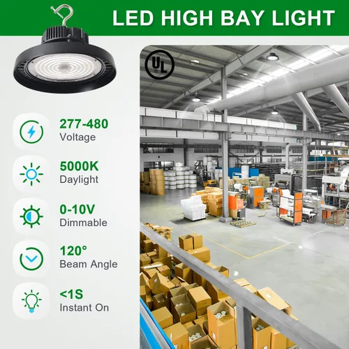 Miniatura 2 de OSTEK 480V 150W UFO LED High Bay Light 21000LM, 5000K 0-10V Dimmable Granero Taller Alta Bahía Iluminación Accesorio ETL DLC Listado US Hook 5' Cable