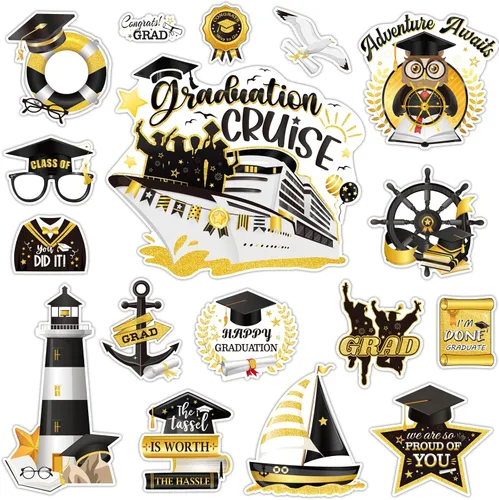 PHOGARY imanes de graduación 2025 decoraciones de puerta de crucero adhesivos magnéticos de brillo 17 piezas, imanes negros y dorados para