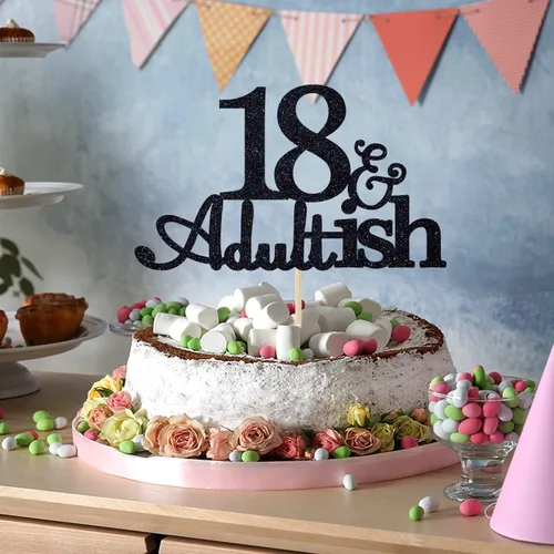 Miniatura 3 de Decoración para pastel de 18 años con purpurina negra y Adultish para fiesta de cumpleaños de dieciocho años, decoraciones de pastel de tiempo