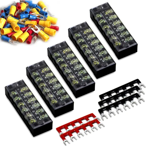 Miniatura 10 de 8 piezas (4 conjuntos) Bloques de tira de terminal de tornillo de doble hilera de 8 posiciones 600V 25A con cubierta + tira de barrera de terminales