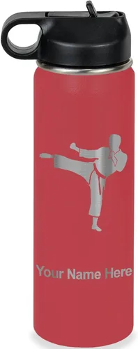 Miniatura 12 de Botella de agua personalizada LaserGram, Karate Man, de acero inoxidable con doble pared aislada al vacío con tapa abatible, regalo personalizado