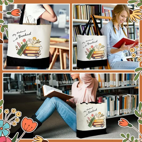 Miniatura 5 de Cunno Juego de 2 bolsas de lona con bolsa de maquillaje, bolsas estéticas para amantes de los libros para regalo de agradecimiento al profesor