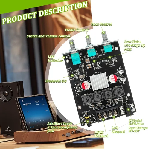 Miniatura 3 de Placa de amplificador Bluetooth de 50W+50W con control de agudos y graves, chips TPA3116D2, DC 9-24V, entradas BT y AUX, amplificador estéreo de 2.0