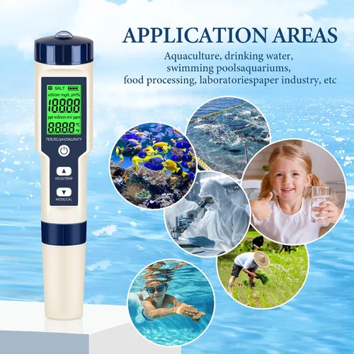 Miniatura 7 de Medidor de pH y TDS Medidor digital de agua 5 en 1 Probador de salinidad PH Temp EC y medidor TDS, medidor de pH para agua con retroiluminación LCD