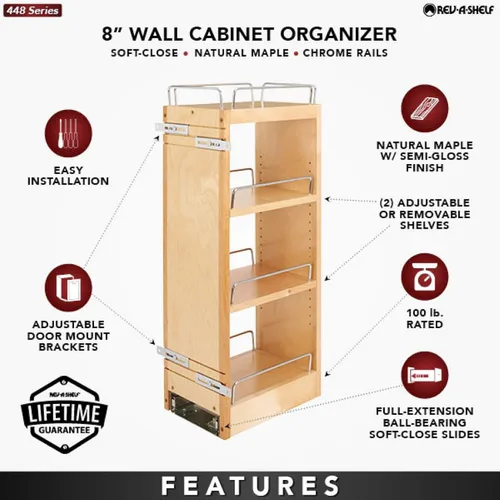 Miniatura 4 de Rev-A-Shelf Organizador de estante extraíble de 8 pulgadas para gabinetes de cocina y baño, estante deslizante de madera para especias o medicinas